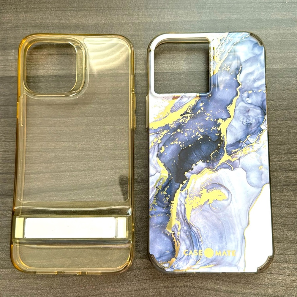 2 iPhone 13 Pro Max clear cases with kick stand and blue marble gold case mate